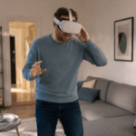 VR 헤드셋을 착용한 사람이 균형을 잡으며 어지러움을 느끼는 모습