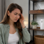 Western woman holding her temple with a headache expression while sitting in a room with a nearby air freshener, suggesting discomfort from a strong indoor fragrance.