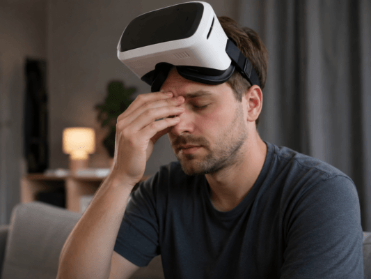 VR 기기를 착용한 서양인 남성이 눈 피로와 통증을 느끼며 이마와 눈가를 누르는 모습